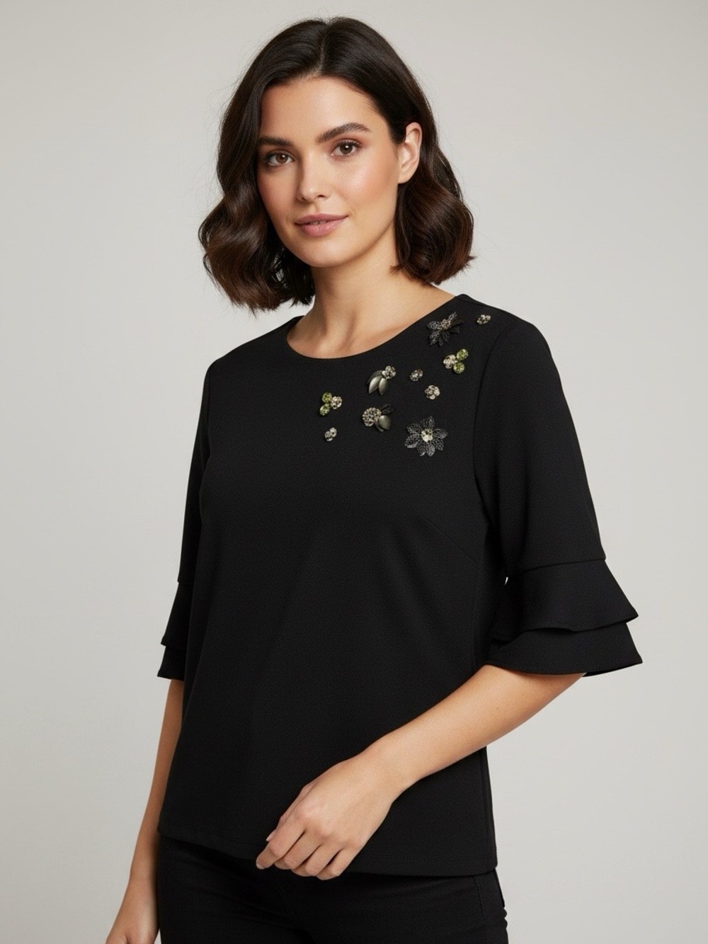 New York & Company 7th Avenue Design Studio black blouse ruffle sleeve jeweled